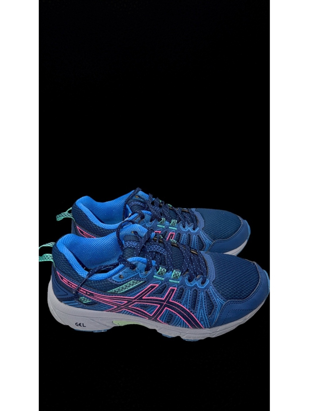 ASICS Gel Running Shoes in Blue with Pink and Green Accents, Size 7 women’s
